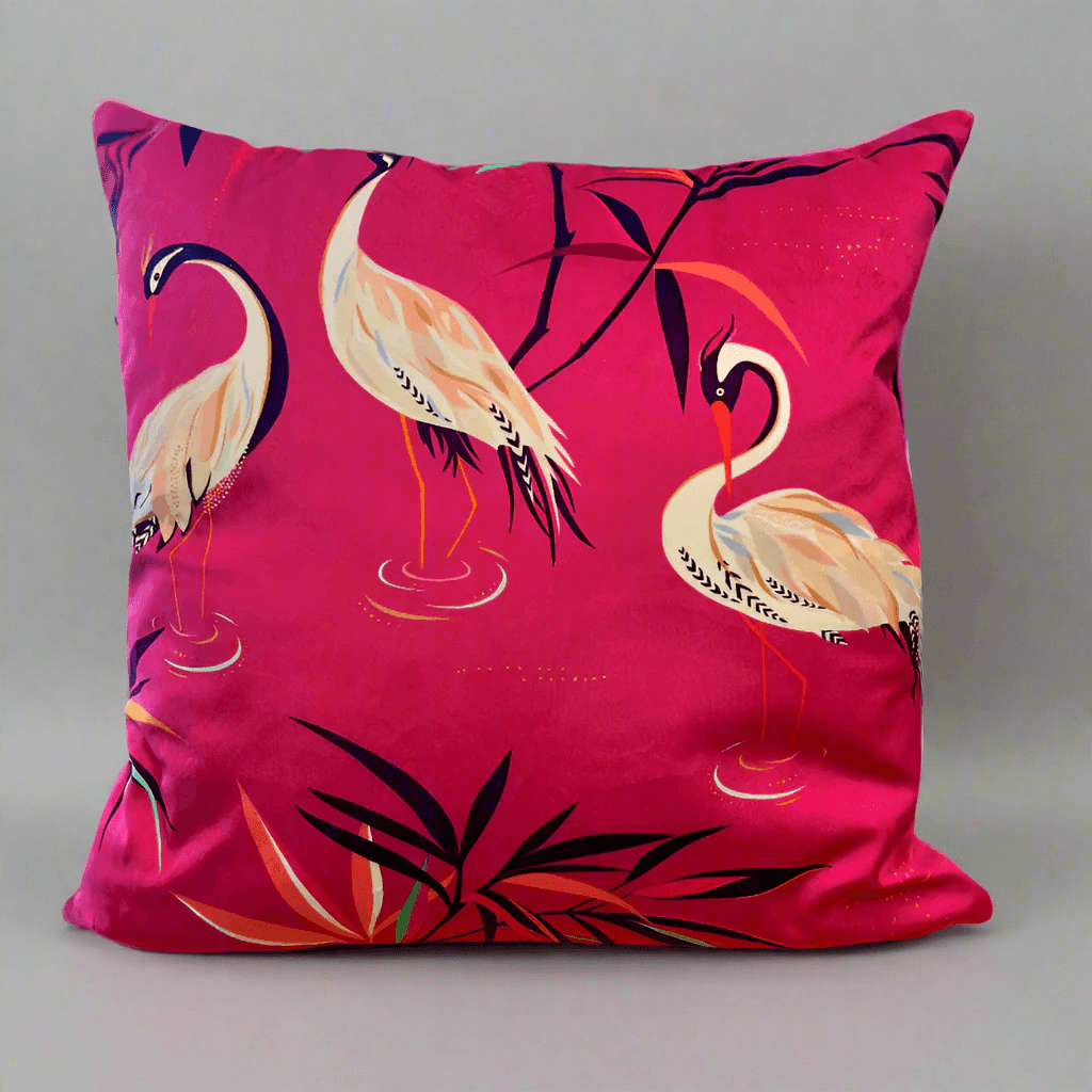 Sew Chic - Sarah Miller Heron Velvet Fuschia Cushion Cover - Black Velvet Back - Sew Chic Interiors