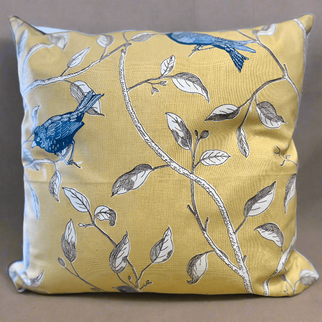 Sew Chic - Sandersons Finches Yellow Cushion Cover - Teal Velvet Back - Sew Chic Interiors