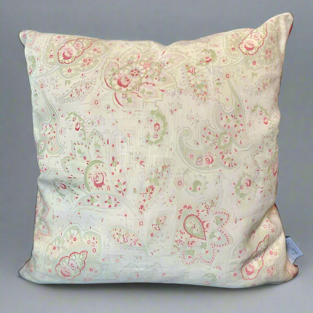 Sew Chic - Peony & Sage Sky & Pink on Herringbone Cushion Cover - Red Fabric Back - Sew Chic Interiors